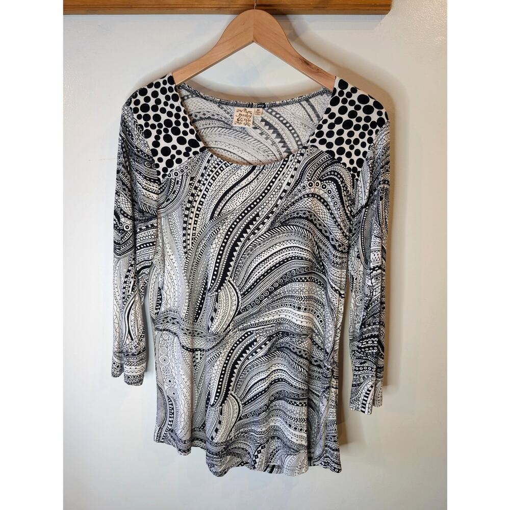Parsley & Sage Black White Mixed Print Peplum Top 3/4 Sleeve Boho Medium